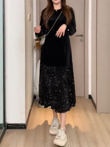 plus Size French Elegant Shiny Black Dress Womens Spring Autumn High Waist Slimming Base Layer Little Black Dress