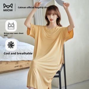 Miiow | Cat Woman Ice Silk Sleep Dress Women Summer New Sleeveless Loose Cool Feeling Can Wear Out Home Clothes With Chest Pad