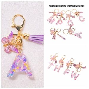 Heabety Purple A-Z Dreamy Sequin Letters Keychain For Women Tassel Butterfly Pendant Initial Keyring Purse Suspension Bags Charms Car Key Chain