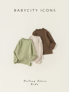 เสื้อตัวในเด็ก เสื้อแขนยาวลายขอบไม้ ทรงเข้ารูป สีพื้น สำหรับเด็กผู้หญิง เสื้อผ้าเด็กฤดูใบไม้ผลิและฤดูใบไม้ร่วง ชุดเด็ก ผ้าฝ้ายผสมโพลีเอสเตอร์