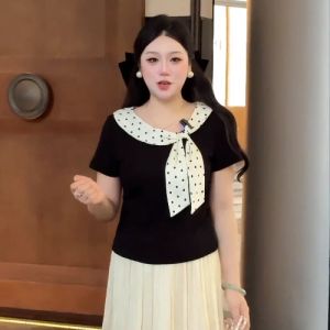 AIYITI | Korean Style Polka Dot Bow Office Black Large Size Womens T-Shirt