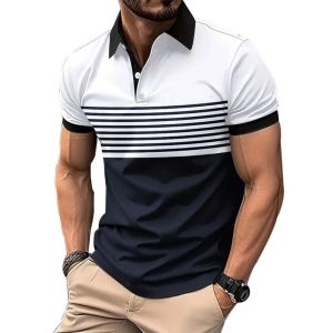 The 2025 summer new mens POLO shirt features a casual fashionable soft and comfortable 3D striped pattern print