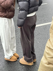 American Style Womens plus Size Fleece Lined Cuffed Sports Pants Loose Wide Leg Thick Casual Lazy Style Cotton Blend Trousers