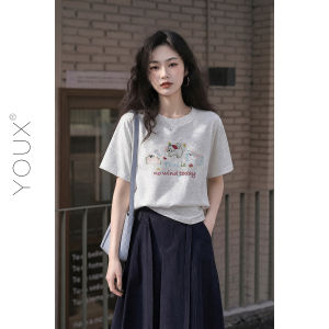 YOUXIANG | Áo Thun Nữ Form Rộng Thêu Hoa Văn Màu Xám Nhẹ Nhàng