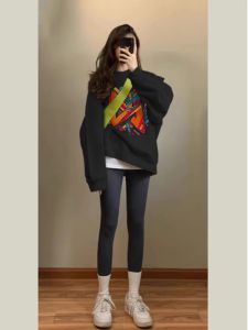 Colorful Graffiti Print Long Sleeve Hoodie Womens Korean Style Loose Casual Lazy Style Top Coat Early Autumn Fashion