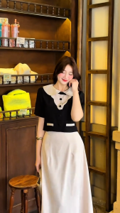Set thiết kế BEMINE áo cổ sen phối gợn chân váy chữ A dáng dài-ST452