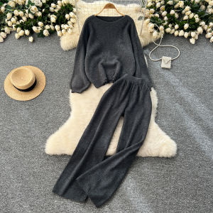 Áo Len Dệt Kim Cổ Tròn Giản Dị Thời Trang Thu Đông Mới Cho Nữ Quần Ống Rộng Cạp Cao Hai Mảnh Đồ Ngủ Thoải Mái