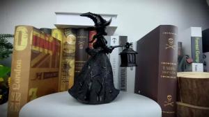 Halloween Witch Lantern LED Night Light Resin Statue Gothic Home Decor with Broom for Spooky Party