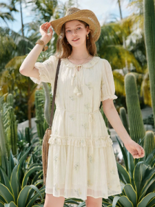 XIANGYING | Embroidered Short Sleeve Lace-up Hem Womens Dress