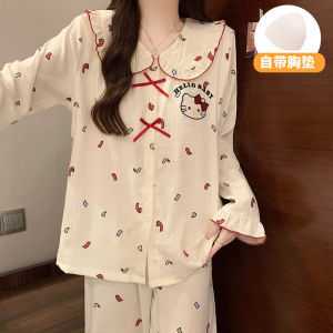 HelloKitty Girls Sleepwear Long Sleeve Home Clothes with Chest Pad Anti-Bulge Spring Autumn Cloud Cotton Cartoon Cute Style