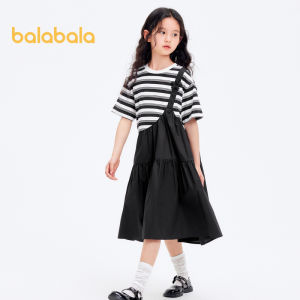 Balabala ชุดเด็กผู้หญิง2024ใหม่ชุดเดรสหน้าร้อนชุดเดรสเด็กตัวใหญ่ลายทางแฟชั่น