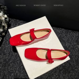French Style Retro Ankle-Strap Buckle Red Nude Shoes Womens 2024 Summer New Arrival with Skirt Mary Jane Flats Flat Shoes