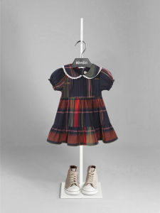 BEMIDJI Childrens Plaid Bubble Sleeve Short Sleeve Princess Dress Flip Collar Dress Cotton Summer Fashionable Girls Dress