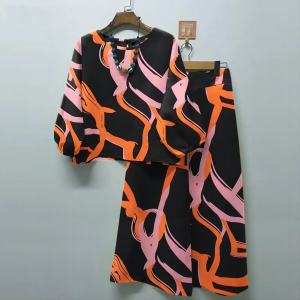 2024 Spring Summer New Womens Leisure Set Geometric Print Bohemian Wide Leg Pants Seven-Point Sleeve Spandex Material