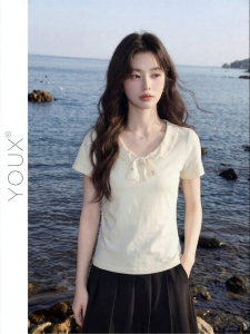 YOUXIANG | Áo Thun Ôm Body Độc Đáo Với Nơ Hoa Họa Tiết Bữa Tiệc Trà Vườn