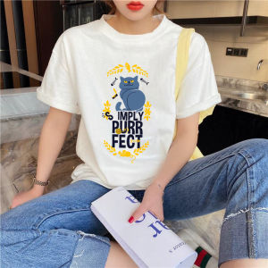 เสื้อยืดแขนสั้นลายแมวสุดสร้างสรรค์สำหรับผู้หญิง เสื้อคู่รักสไตล์เกาหลี แฟชั่นฤดูร้อน ทรงหลวม คอตั้ง สไตล์เกาหลี