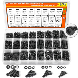 1760PCS Metric Screw Assortment Kit (M2/M3/M4/M5) - Grade 12.9 Alloy Steel Hex Socket Head Cap Bolts & Nuts Black