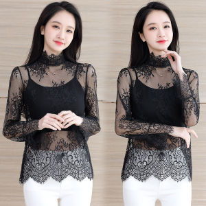 เสื้อเชิ้ตคอปกสูงแขนยาวผ้าลูกไม้สีดำสำหรับผู้หญิง เสื้อเชิ้ตสไตล์วินเทจเซ็กซี่โปร่งใส เสื้อเชิ้ตผ้าตาข่ายสำหรับฤดูใบไม้ร่วง