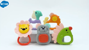 Hoshi Baby x Hola 5pc Animal Rattle Teether with Plastic Storage Container Sensory Toy Infant 3Mos+