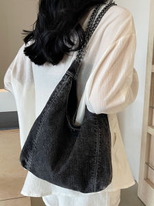 Casual Large Capacity Denim Tote Bag Womens Commuter Shoulder Bag Underarm Handbag Water Bucket Bag Soft Zipper Closure