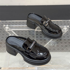 British Style Thick Bottom Painted Leather Mules Half Slippers Womens Summer Versatile Platform Flats Outdoor Wear Sandals