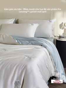 shui yang | Bộ Chăn Ga Gối Cao Cấp Thêu Hoa Hồng Mềm Mại Mát Lạnh 4 Món