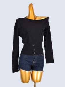 Áo Len Dệt Kim Không Đều Kiểu Pháp Cho Nữ Mùa Thu 2025 Mới Thiết Kế Eo Dài Tay Hở Vai Áo Sơ Mi Hở Cạp Áo Dài Tay