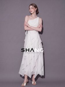 SHANGSHA | Stylish Unique Asymmetric One-shoulder White Evening Dress