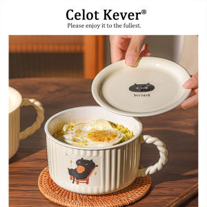 Large Capacity Ceramic Soup Bowl with Lid Microwaveable Handle