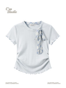 Áo Thun Tay Ngắn Xếp Ly Cạp Cao Cho Nữ Mùa Hè 2025 Phong Cách Hàn Quốc Cotton 93% Co Giãn 7% Màu Trơn Không Có Nút