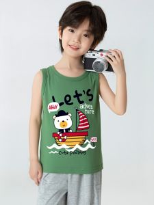 Summer New Style Pure Cotton Cartoon Boat Print Sleeveless Sports Vest for Boys Baby Clothes Children Clothes Casual round Neck