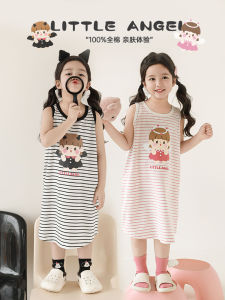 Váy Thun in Họa Tiết Thiên Thần Quái Vật Cho Bé Gái Mùa Hè 2025 Váy Midi Cổ Tròn Không Tay Cotton Pha Trộn Thường Ngày