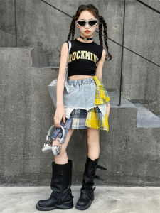 Fashionable Jazz Dance Outfit for Girls Short Denim Skirt Street Dance Costume Childrens Performance Clothes Trendy Showstopper