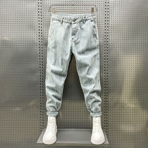 Summer Thin Korean Version Trendy Slim Fit Nine Points Striped Mens Jeans Medium Waist Straight Leg Zipper Closure Casual Jeans