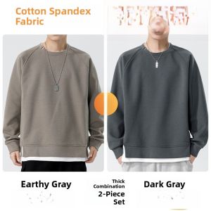 ROMON | Loose Fit Round Neck Sweatshirt Casual Long Sleeve T-Shirt For Men Solid Color Base Layer Shirt Fake Two-Piece Top Fashion Urban Style