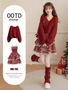TIANANQI | Lazy Style Red V-Neck Knit Sweater