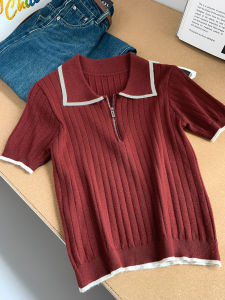 AMILUCK | Slim Fit Short Sleeve Knitted T-Shirt Womens Half Zip Color Block Loose Style Commute Fashion Autumn New Arrival Slimming Effect