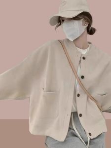 Stylish Short Baseball Jacket Cardigan Womens Spring Autumn New Fashion Outerwear Loose Fit Long Sleeve round Neck Button up