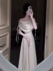 Korean Style Fashionable Slim Fit Long Dress Shoulder Baring High Waist Design Summer City Commute Suitable Short Sleeve Dress