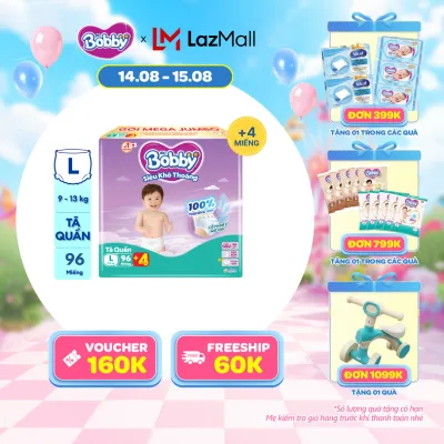 [15-20.09 QUÀ TO][TẶNG MIẾNG NGẪU NHIÊN] Tã/bỉm quần Bobby 3mm Mega Jumbo Siêu khô thoáng L96