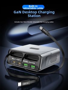 NUOMEIDA | GaN Charger with Retractable Cable PD Fast Charging Desktop Charging Station Multi-Port USB Adapter for Various Devices
