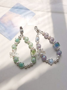 Short Handmade Beaded Rhombus Butterfly Knot Mobile Phone Lanyard Anti-Loss Pendant Decorative Chain Handheld Strap Cover