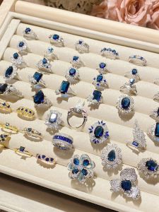 Retro Blue Crystal Sapphire Open Ring for Women French Style Luxury Finger Ring Fashionable Jewelry Accessories
