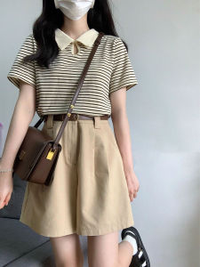 Gentle Wind Womens Summer 2025 New Small Size High-End Striped Short Sleeve Top And Utility Shorts Two-Piece Set Fashionable