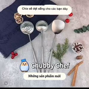 Vá xẻng cán tròn nguyên khối 36cm Chubby Chef vá sạn thép không gỉ xẻng xào đa năng muôi múc canh vá canh xẻng xào