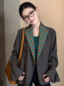 DANTING | Vintage Plaid Patchwork Turn-down Collar Loose Jacket