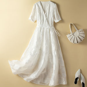 XMO | Slim V-Neck Floral Print White Dress Short Sleeve Long Dress for Plus Size
