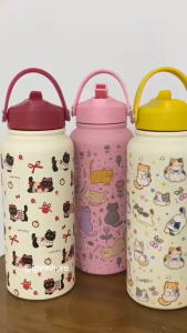1000ml Stainless Steel Flower Tumbler Bottle With Straw Cute Floral Thermos Insulated Cup Birthday Present Gift Teacher Comel Termos Botol Bunga Tahan Panas Sejuk Hadiah Guru