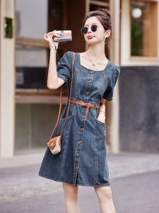 Retro Square Collar French Style Denim Skirt Dress Womens Waist Cinching A-Line Summer New Arrival Elegant Short Sleeve Midi Dress