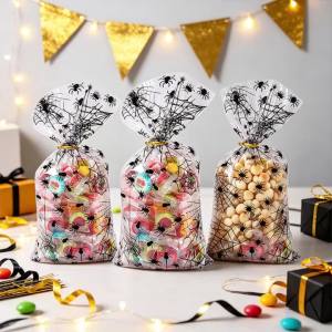 50/100/200pcs Halloween Spider Cellophane OPP Flat Bags - Black Clear Transparent Gift Bags with Twist Ties for Party Supplies